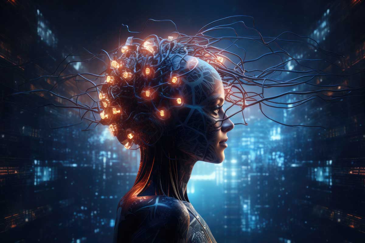 Zu sehen ist ein AI Foto einer Frau in Seitenansicht mit neuronalem Netzwerk