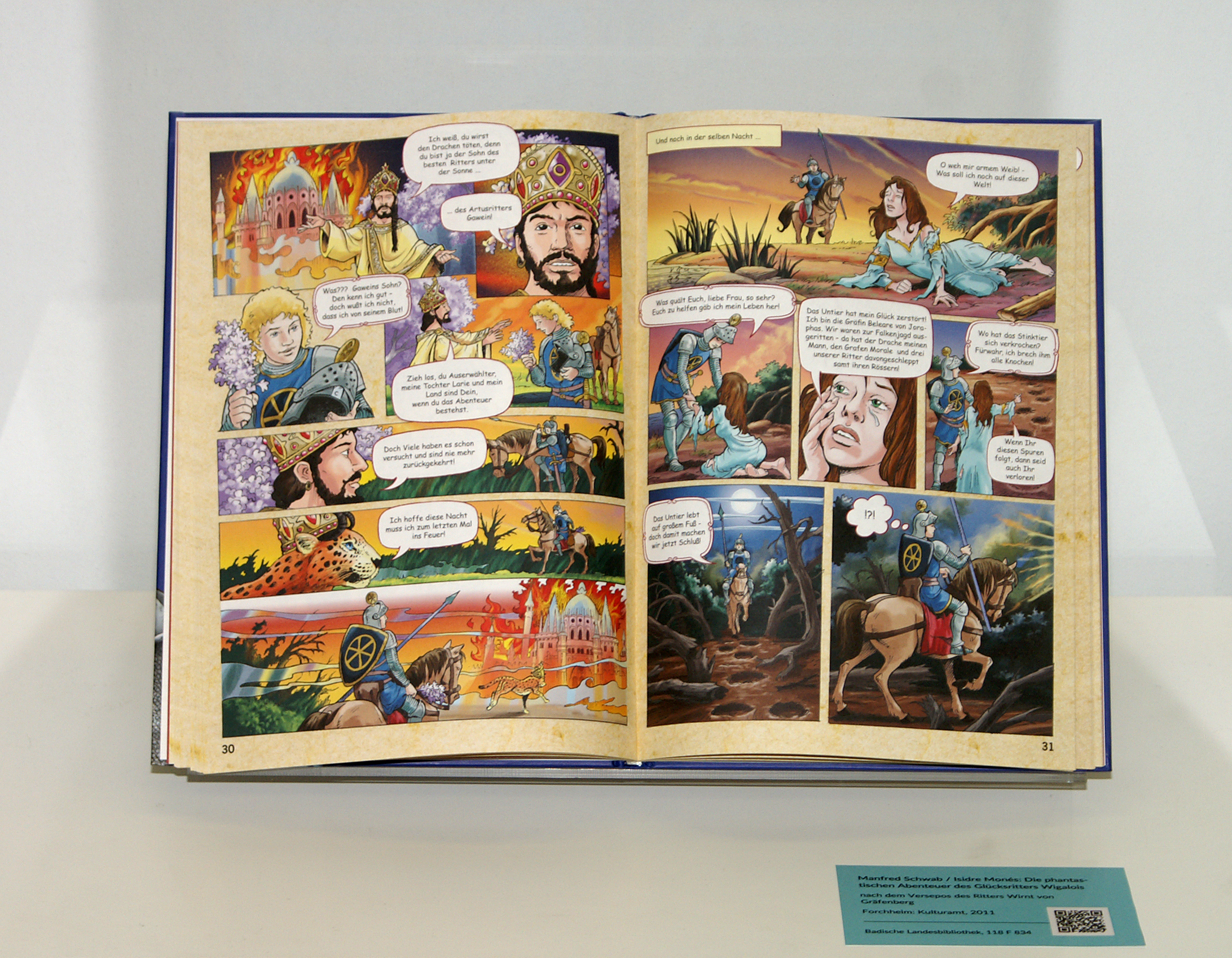 Ausgestellt ist der Comic "Die phantastischen Abenteuer des Glücksritters Wigalois nach dem Versepos des Ritters Wirnt von Gräfenberg Forchheim", der Stil ist bunt und die Sprechblasen sind auf deutsch.