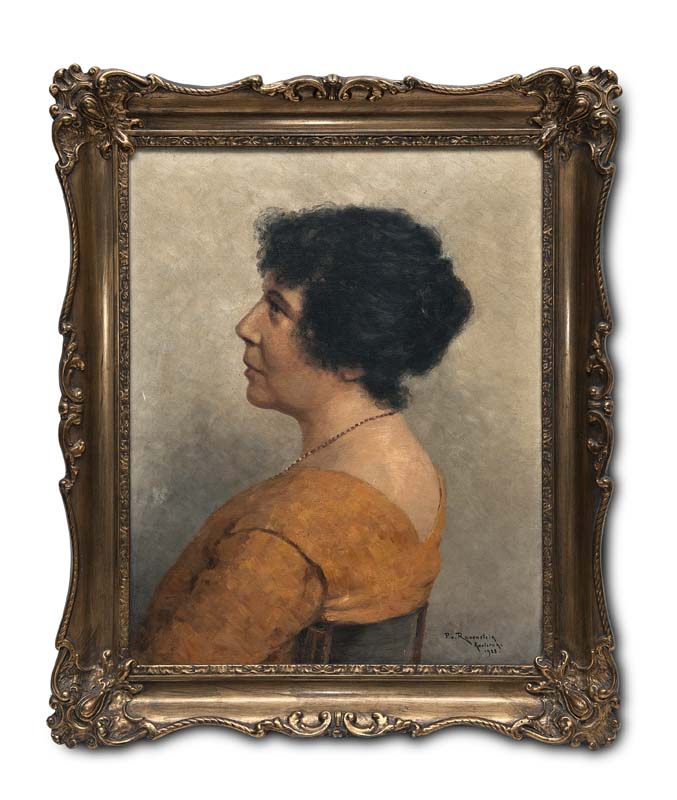 Bildnis der Komponistin Clara Faisst. Ihr Blick geht ins Profil nach links, sie trägt ein terracottafarbenenes Oberteil.