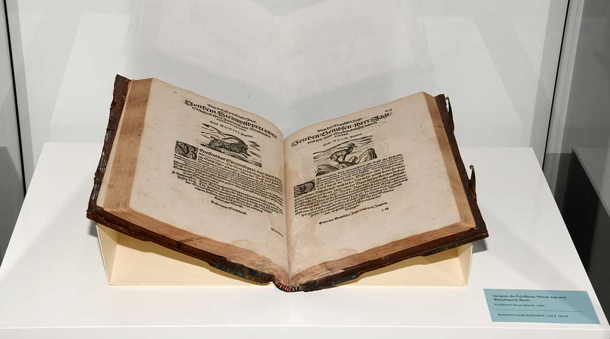 Zu sehen ist ein geöffnetes Buch in der Vitrine: ein Jagdbuch des Franzosen Jacques du Fouilloux.