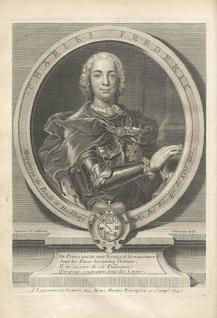 ̵ Karl Friedrich Markgraf von Baden. Kupferstich von Johann Martn Will nach einem  Gemälde von Jean-François Guillibaud. Frontspiz der dem Markgrafen gewidmeten  englisch-französischen Ausgabe von Alexander Pope: Essai sur l'homme. Traditon  françoise en prose par Mr. S. Nouvelle éditon, avec l'original anglois. Lausanne,  Geneve: Bousquet, 1745. 