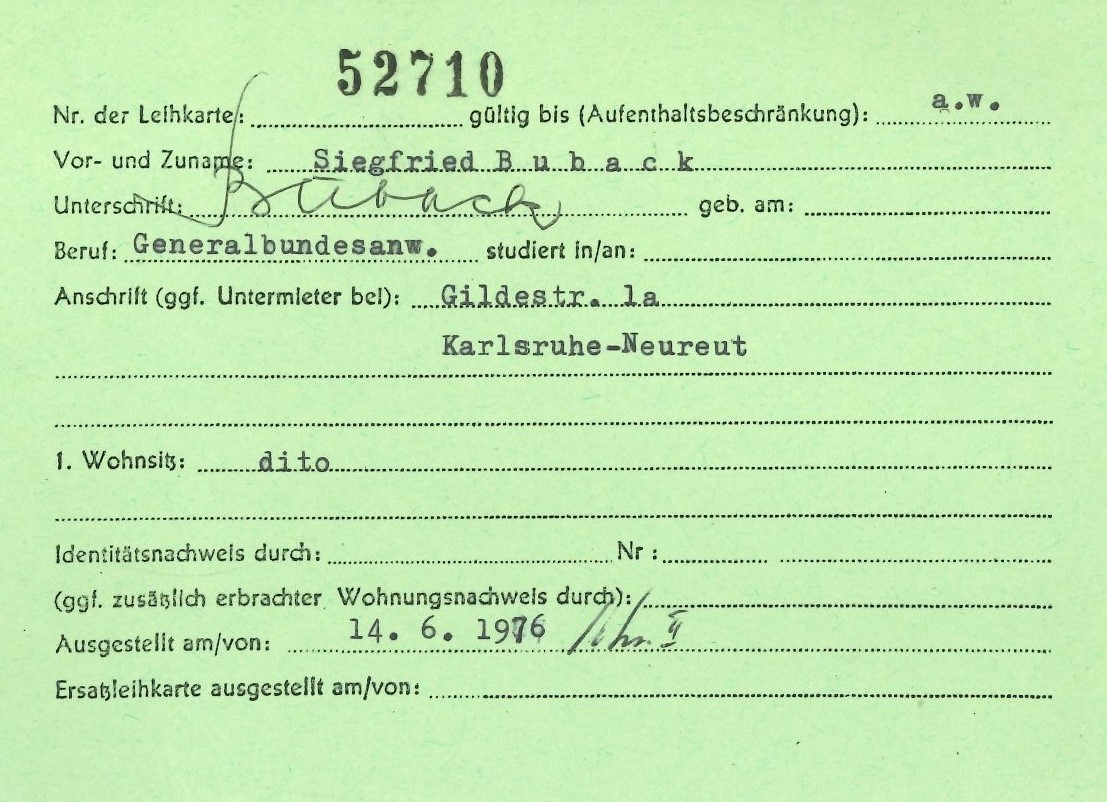 Grüne Leihkarte von Generalbundesanwalt Siegfried Buback.