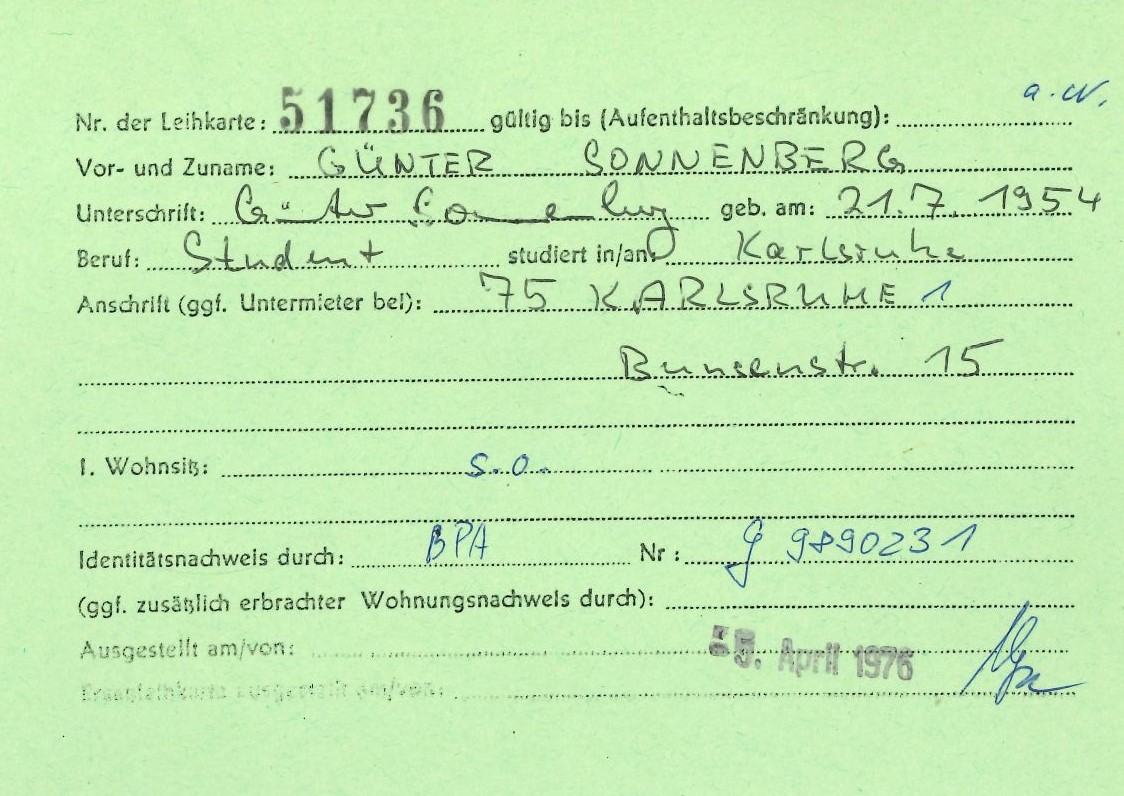 Grüne Leihkarte von Günter Sonnenberg.