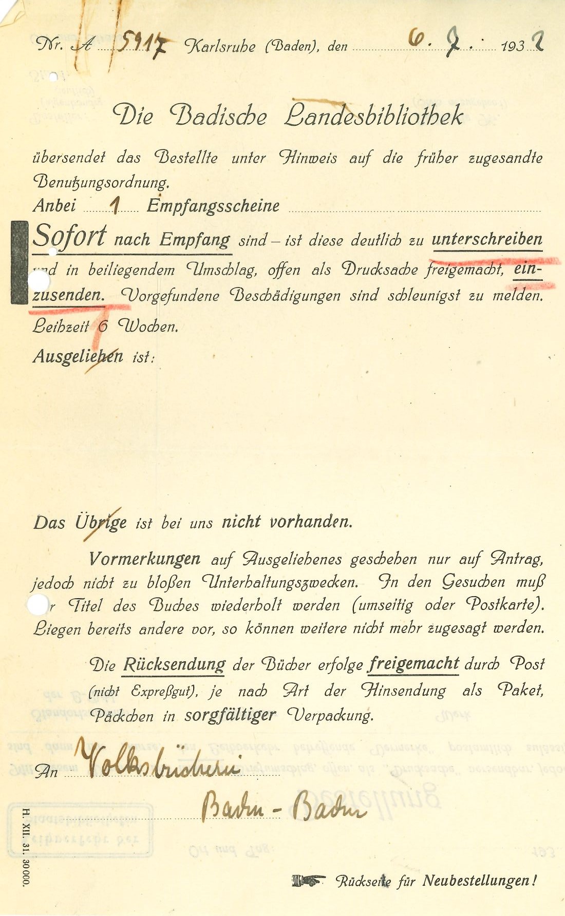 Begleitschreiben für eine Fernleihsendung mit roten Unterstreichungen und Ausstreichungen.