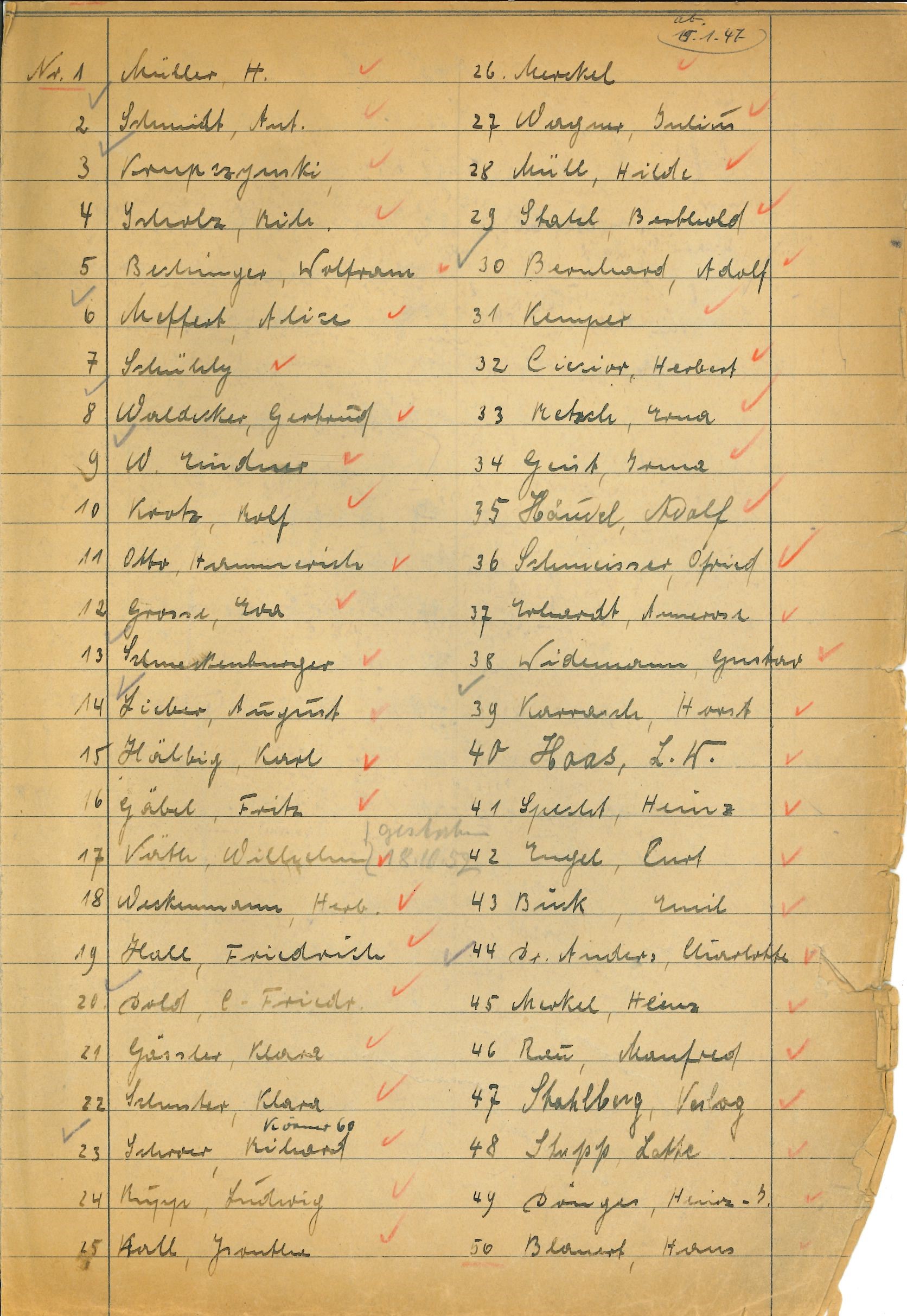 Entleiher-Liste auf liniertem Papier mit roten Häkchen hinter den Namen von 1946/47 - 1955.