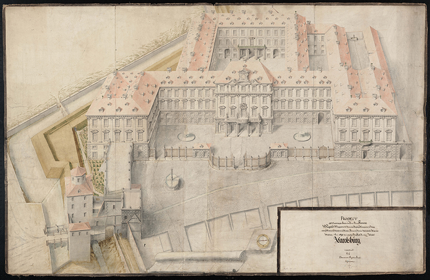 Farbiges Prospect des von Markgraf Friedrich Magnus Anno 1698 in Durlach neu angelegten Residenzschlosses Carolsburg in der Vogelperspektive.