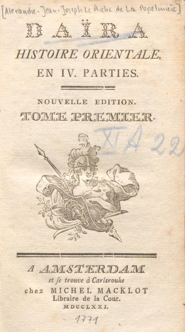 Titelblatt des Buches "Daïra. Histoire orientale en IV. parties.".