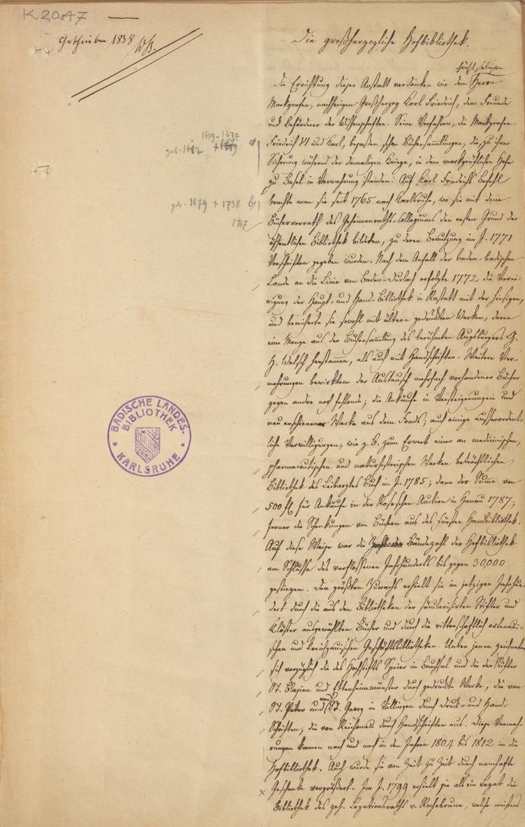 Manuskript von Friedrich Valentin Molter zur Entwicklung der Hofbibliothek.