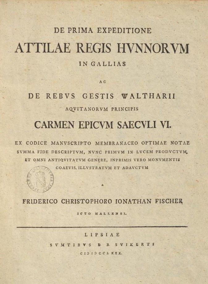 Titelblatt der Handschrift "De prima expeditione Attilae regis Hunnorum in Gallias".