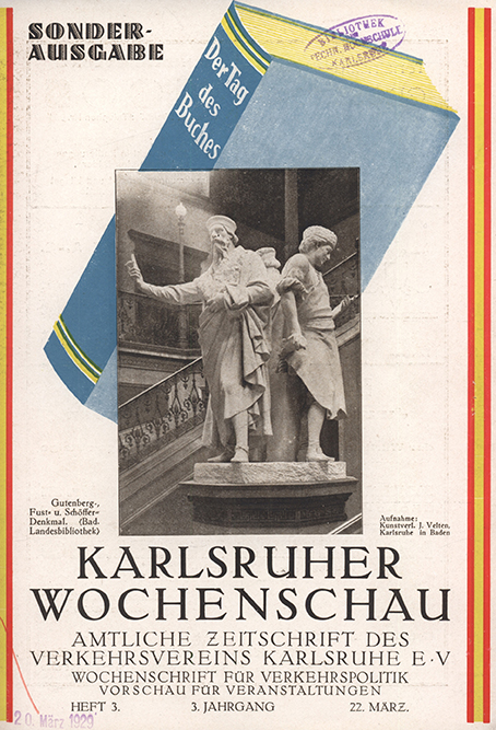 Sonderausgabe der Karlsruher Wochenschau mit coloriertem Buch mit der Aufschrift "Der Tag des Buches", im Vordergrund eine schwarz-weiße Fotografie von Statuen.