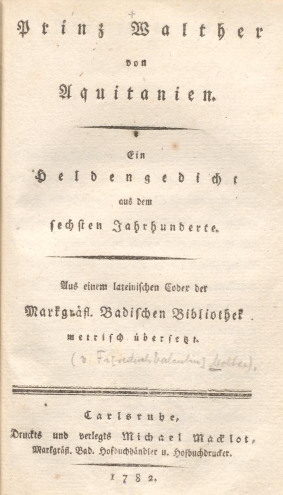 Titelblatt der Handschrift "Prinz Walther von Aquitanien. Ein Heldengedicht aus dem 6. Jahrhundert.".