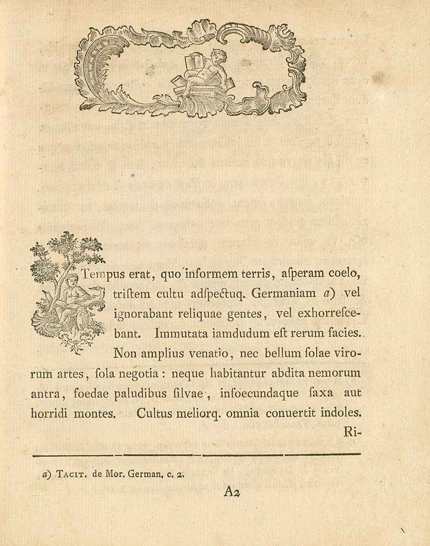 Eine Seite aus "De Germania literata commentatur" mit dekorativen Seitenkopf und Initale.