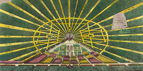 Die Ansicht zeigt das Karlsruher Schloss im Zentrum. Insgesamt 32 Alleen breiten sich wie Sonnenstrahlen vom zentralen Schlossturm in die angrenzende Umgebung und den Hardtwald aus.