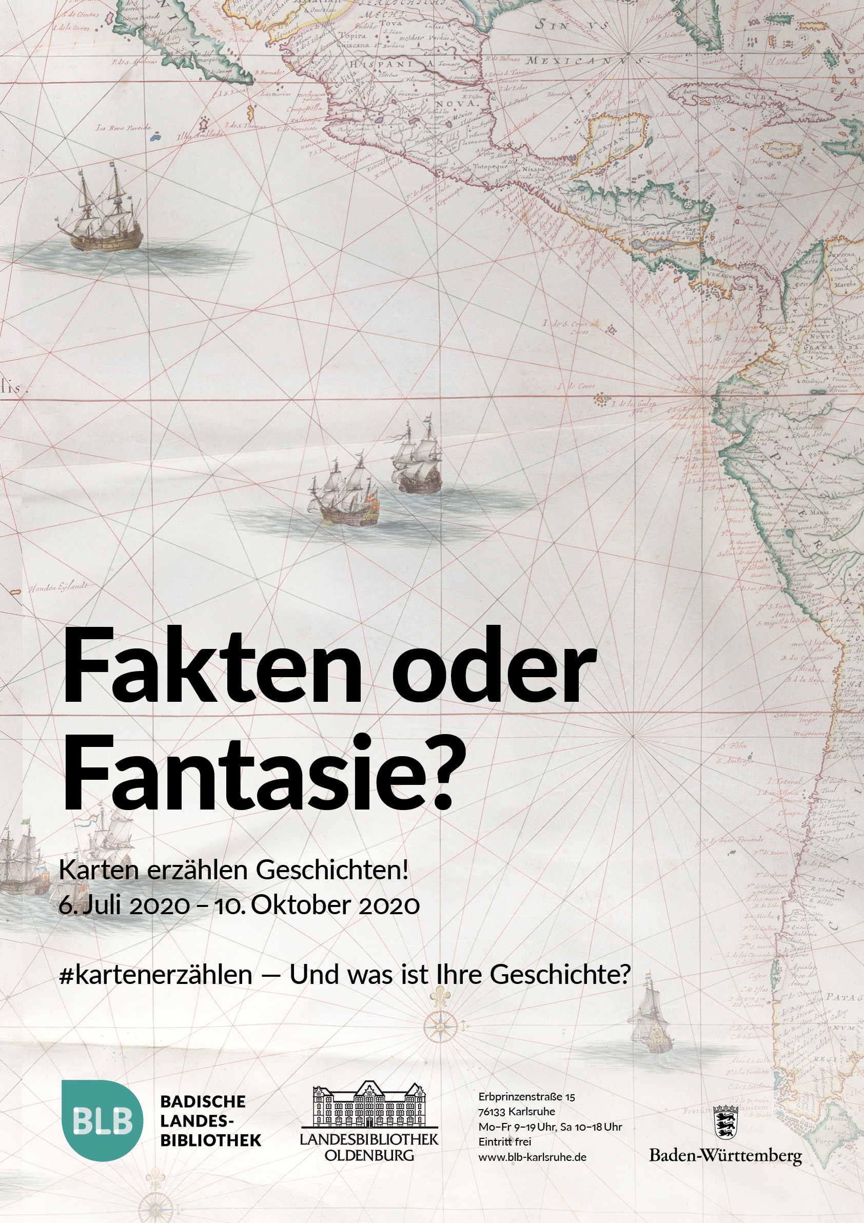 Zu sehen ist eine historische Seekarte. Naben den Pazifik sind hier Teile von Nord- und Südamerika zu erkennen. Auf dem Meer sind mehrere Segelschiffe zu erkennen. Ergänzt wird das vollflächige Bildmotiv durch schriftliche Informationen zur Ausstellung. 