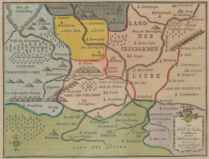 Karte mit dem Reich der Liebe In: Johann Gottlob Immanuel Breitkopf: Beschreibung des Reichs der Liebe mit beygefügter Landcharte
