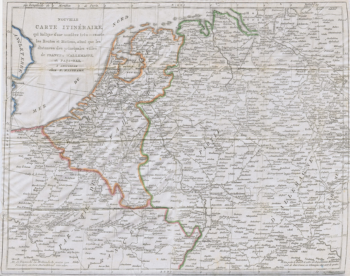 Nouvelle carte itinéraire qui indique d`une manière tres-exacte les routes et sta-tions, ainsi que les distances des principals villes de France, d`Allemagne et Pays-Bas.