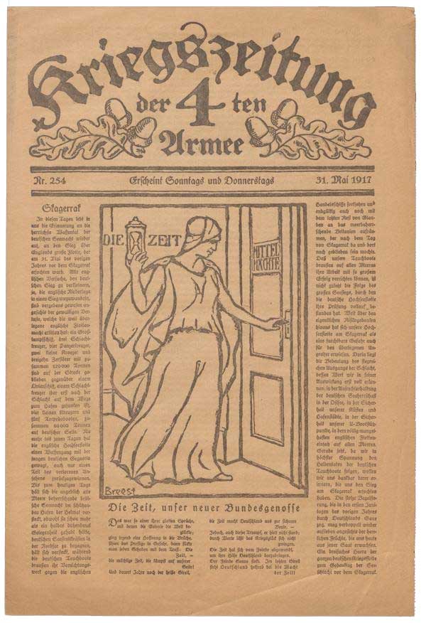 Zu sehen ist eine Zeitungsseite der Kriegszeitung der 4. Armee vom 31. Mai 1917. Zentral ist eine Zeichnung einer Personifikation der Zeit zu sehen. 