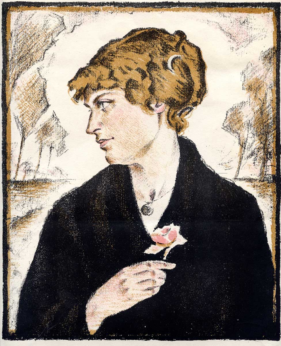 Zeichnung eines flämischen Mädchens, das zur Seite blickt. Ihre Haare sind hochgesteckt, sie trägt ein silbernes Amulett um den Hals, eine dunkle Jacke und hält eine zarte rosa Blume in der Hand. 