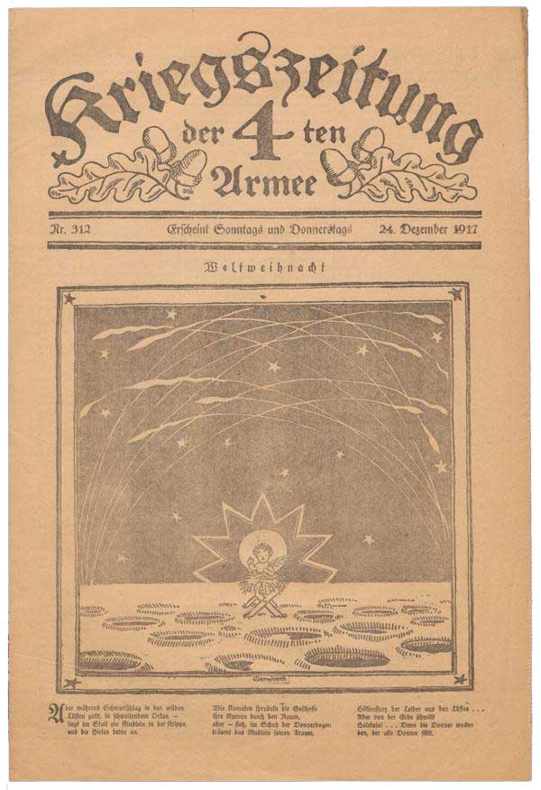 Zu sehen ist eine Zeitungsseite der Kriegszeitung der 4. Armee vom 24. Dezember 1917. Zentral ist eine Zeichnung des Christkinds in der Krippe unter einem Nachthimmel zu sehen.