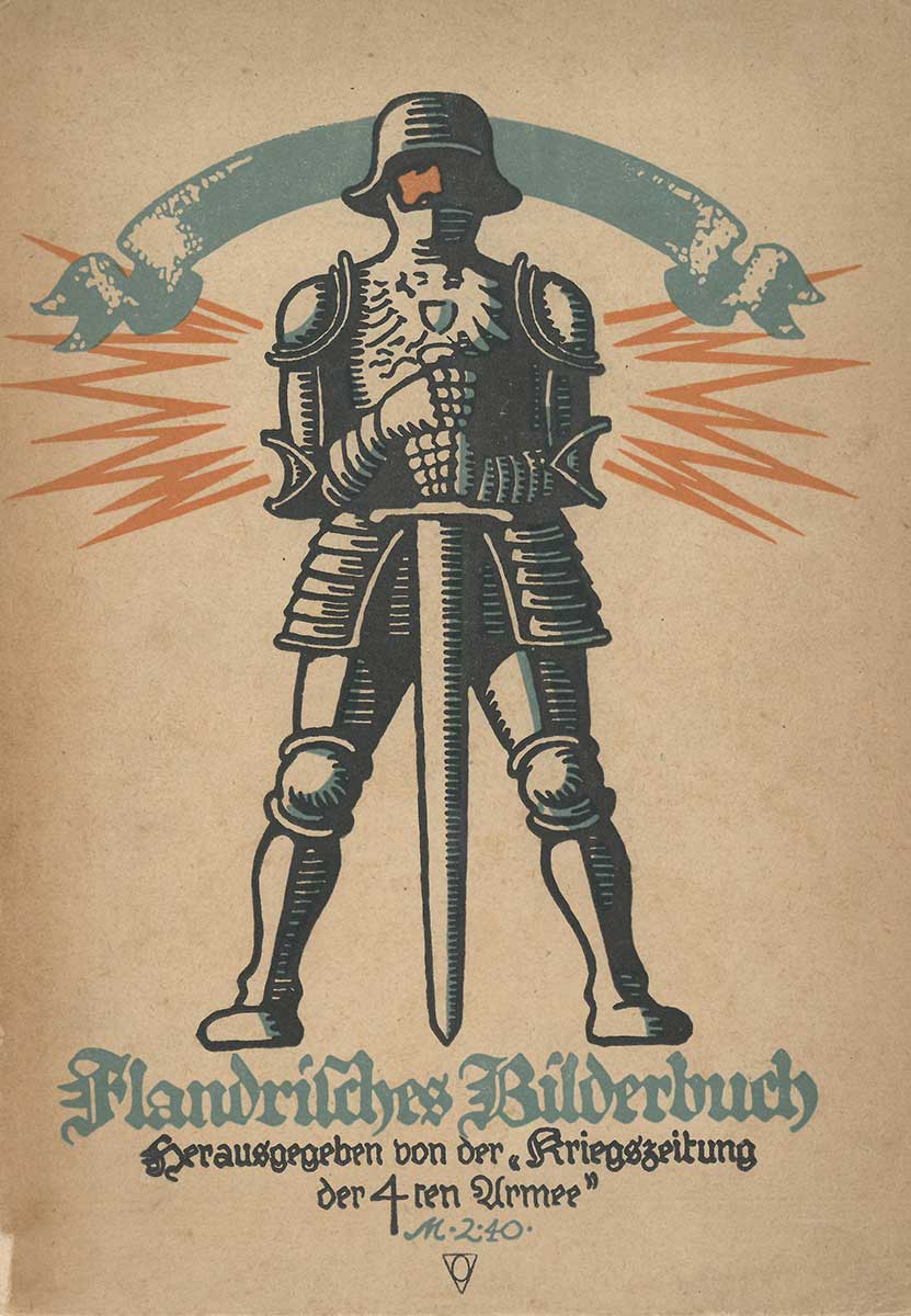 Zu sehen ist der Umschlag des Flandrischen Bilderbuchs. Über dem Titel steht ein Ritter, der sein Schwert mittig vor sich hält, mit der Spitze zum Boden. Hinter seinem Kopf verläuft ein blaues Banner.
