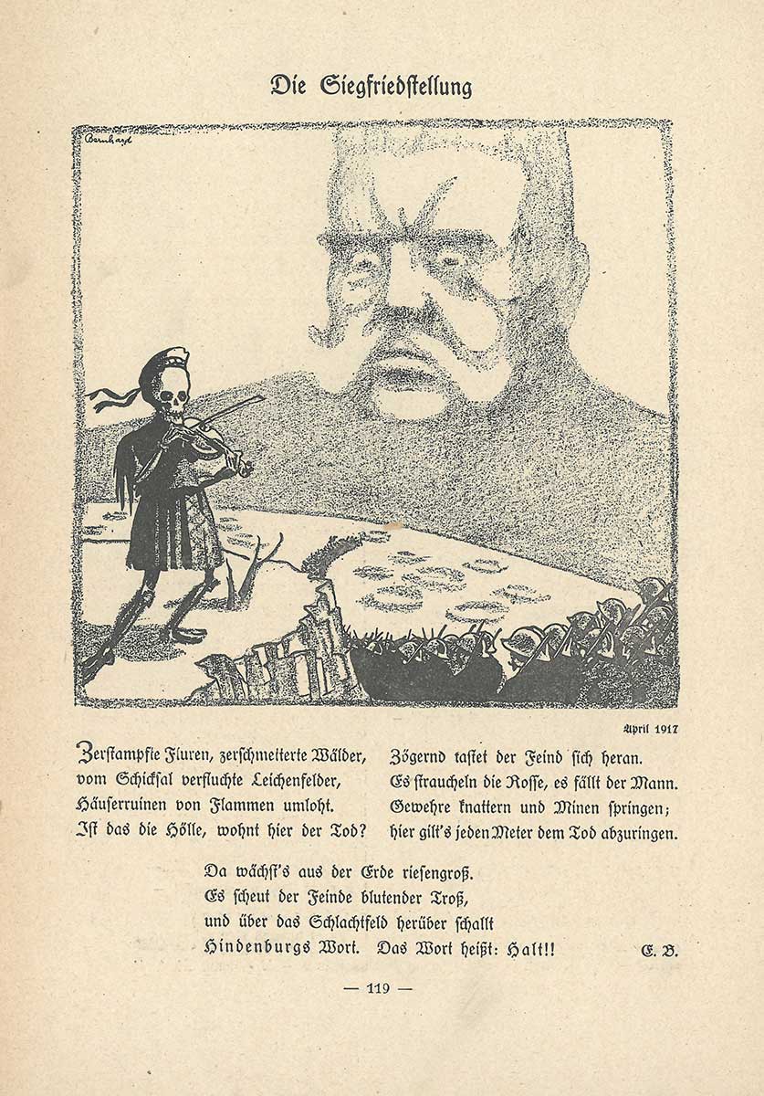 Karikatur zur Siegfriedstellung. Zu erkennen ist ein Skelett, dass neben aufgestellten Soldaten Geige spielt. Im Himmel ist Hindenburgs Gesicht zu erkennen.