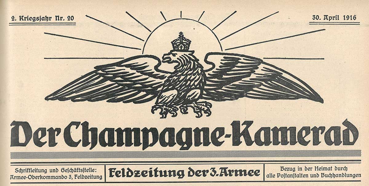 Illustrierter Zeitungskopf. Ein Adler fliegt vor der Sonne und trägt eine Krone auf dem Haupt.