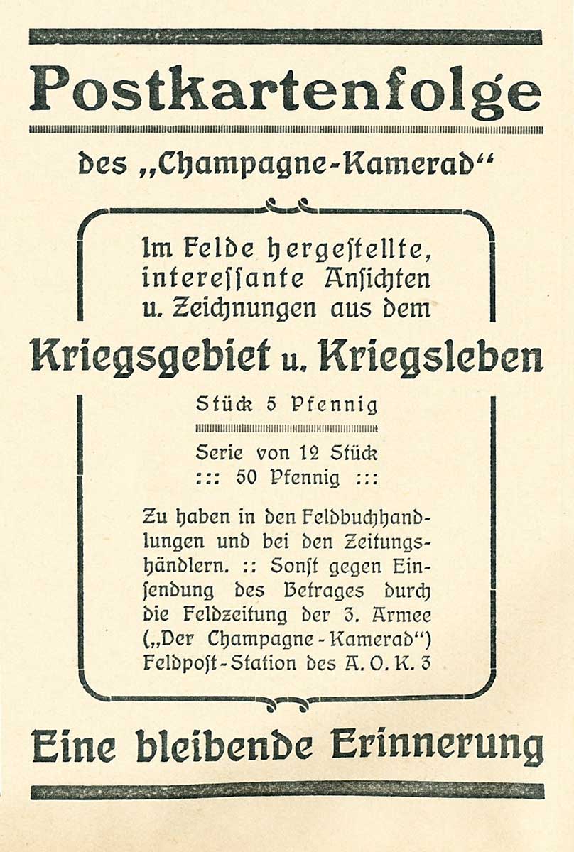 Annonce im Champagne-Kamerad für die Postkartenfolge.