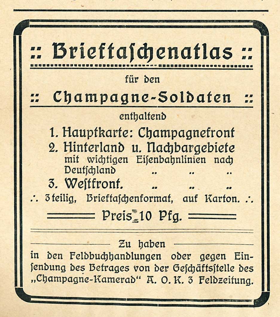 Annonce für den Brieftaschenatlas der Armeedruckerei.