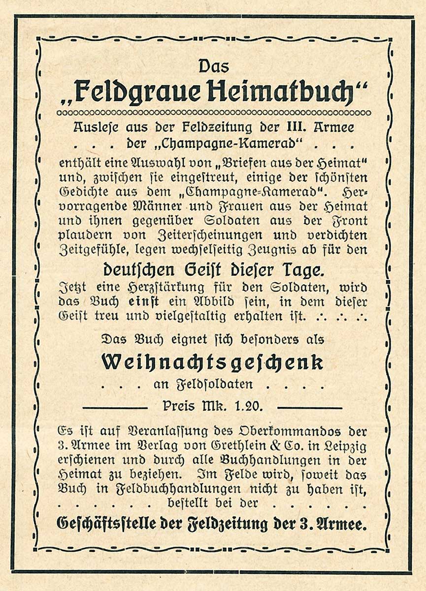 Annonce für das „Feldgraue Heimatbuch“.