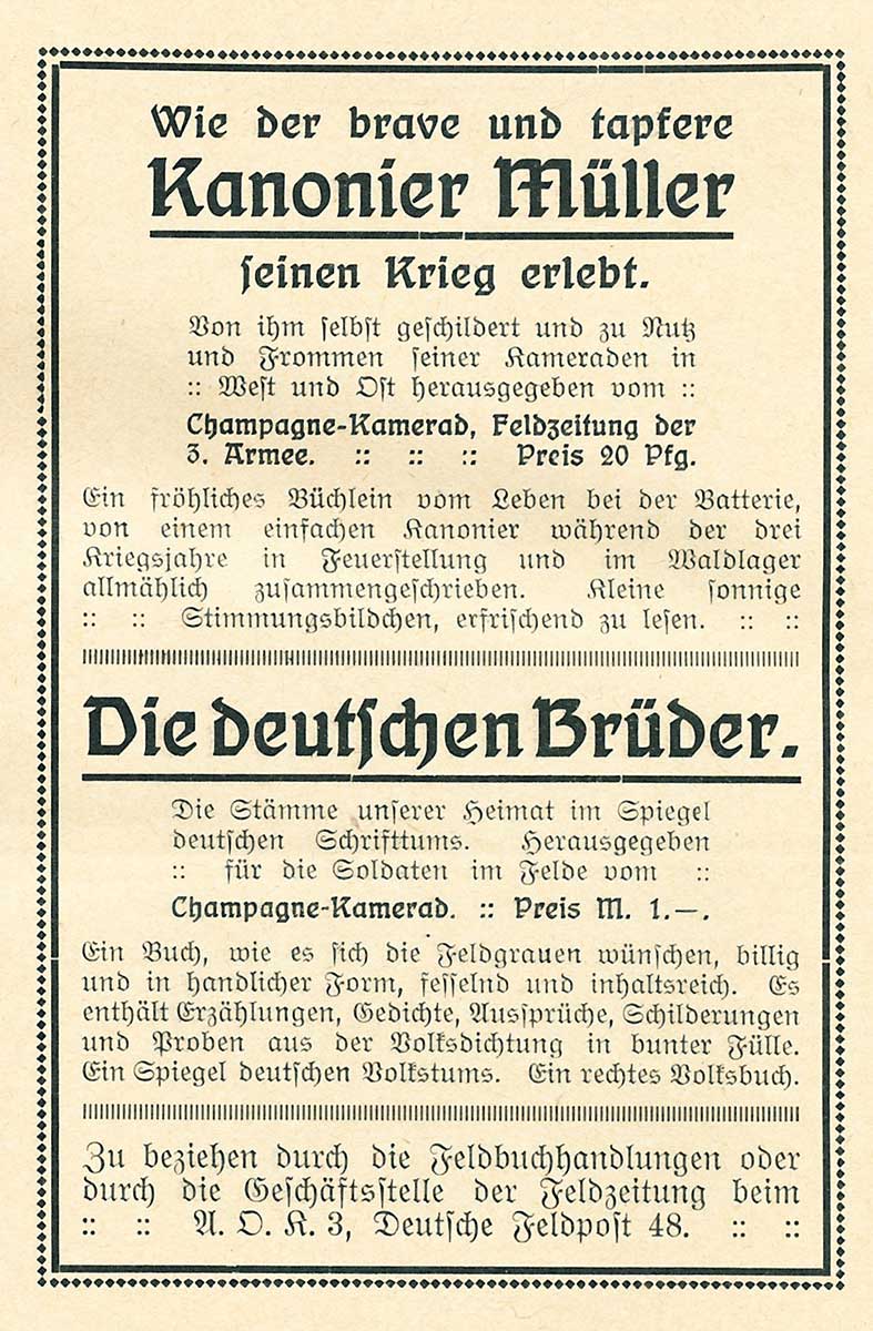 Annonce für die Neuerscheinungen „Wie der brave und tapfere Kanonier Müller seinen Krieg erlebt“ und „Die deutschen Brüder“.