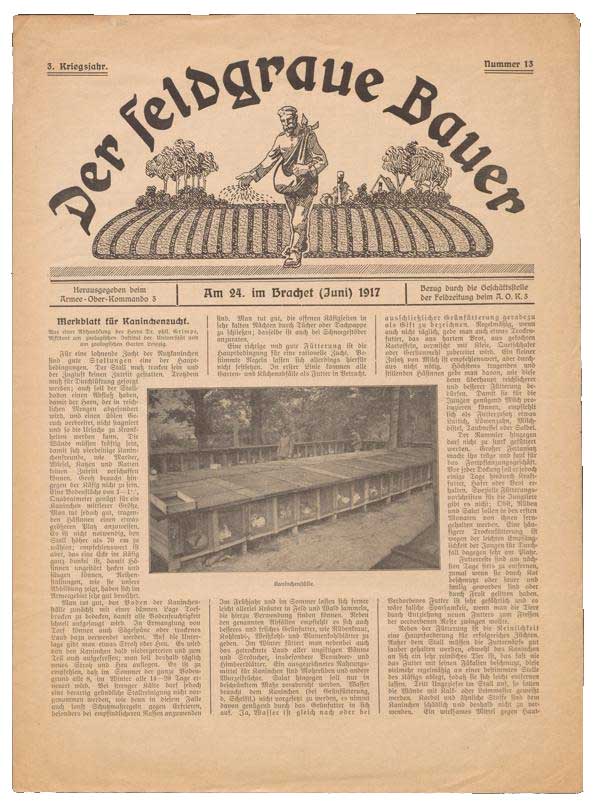 Zu sehen ist eine Zeitungsseite aus „Der Feldgraue Bauer“ vom 24. Juni 1917. In der Kopfzeile ist eine Illustration eines Farmers auf einem Feld zu sehen.