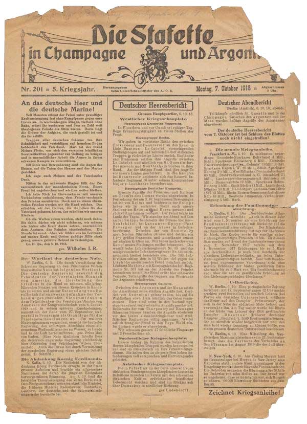 Zu sehen ist eine Zeitungsseite aus „Die Stafette“ vom 7. Oktober 1918. Es wird von dem deutschen Heer berichtet.
