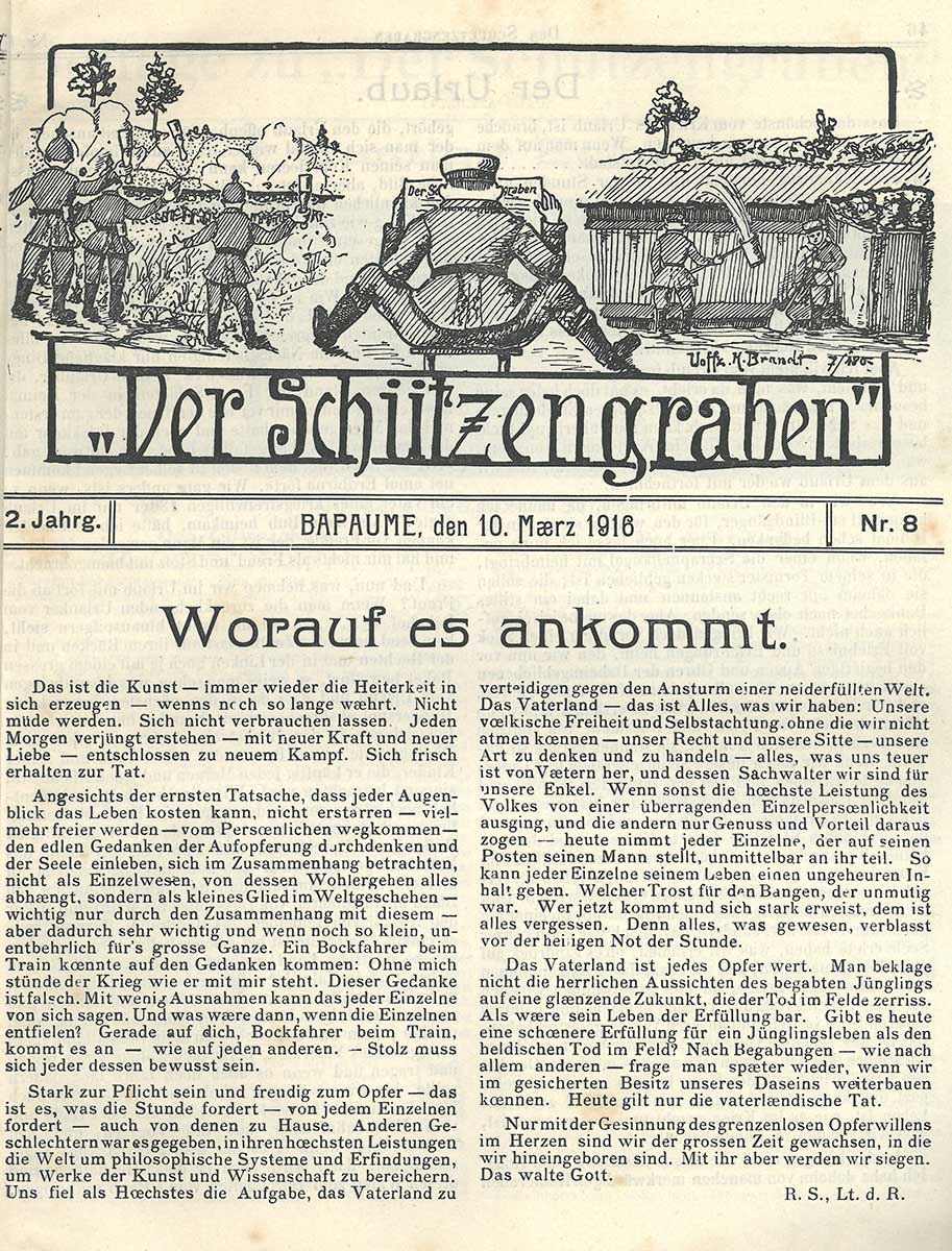 Zu sehen ist die Titelseite der Zeitung „Der Schützengraben“ vom 10. März 1916. In der Kopfzeile ist eine Illustration eines Soldaten, der den Schützengraben liest, zu sehen.