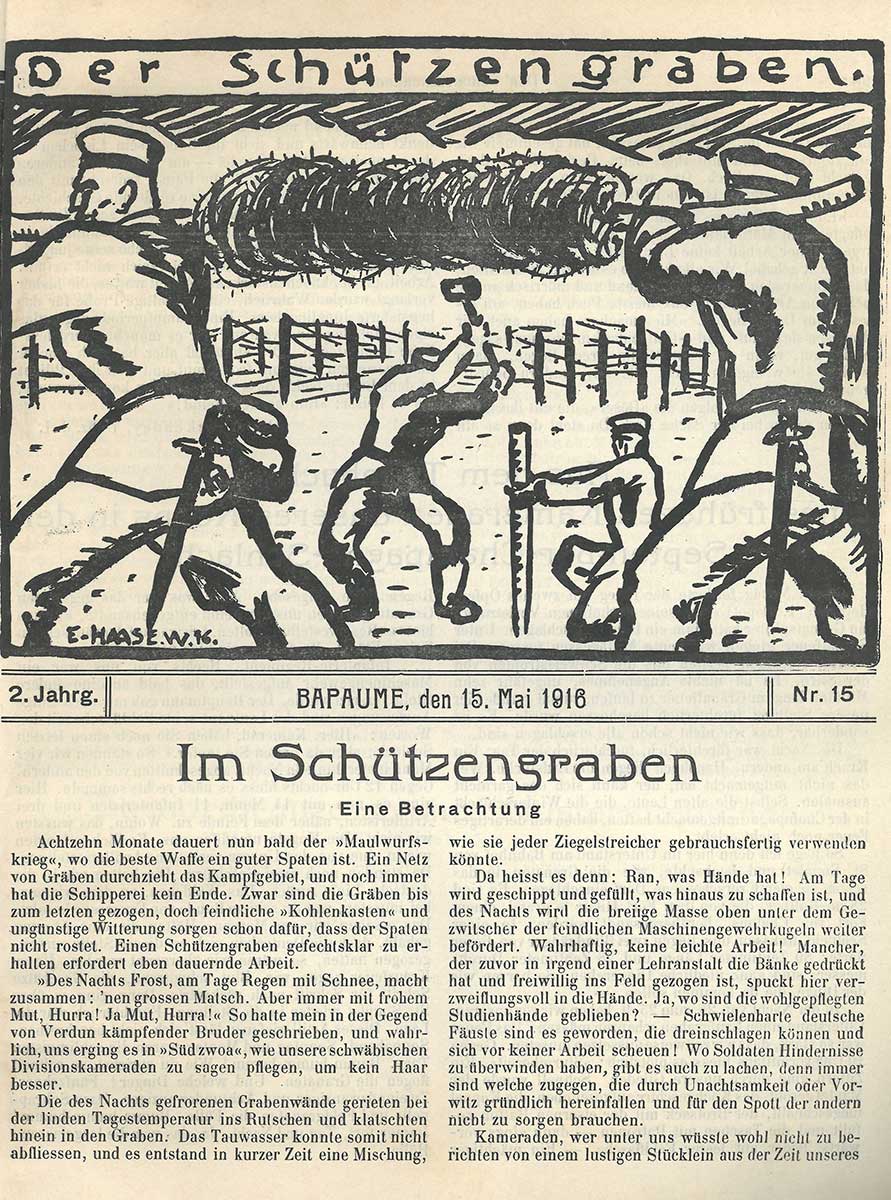 Zu sehen ist eine Zeitungsseite aus „Der Schützengraben“ vom 15. Mai 1916. In der Kopfzeile ist eine Illustration zu sehen, die Soldaten beim Zaunbauen zeigt.