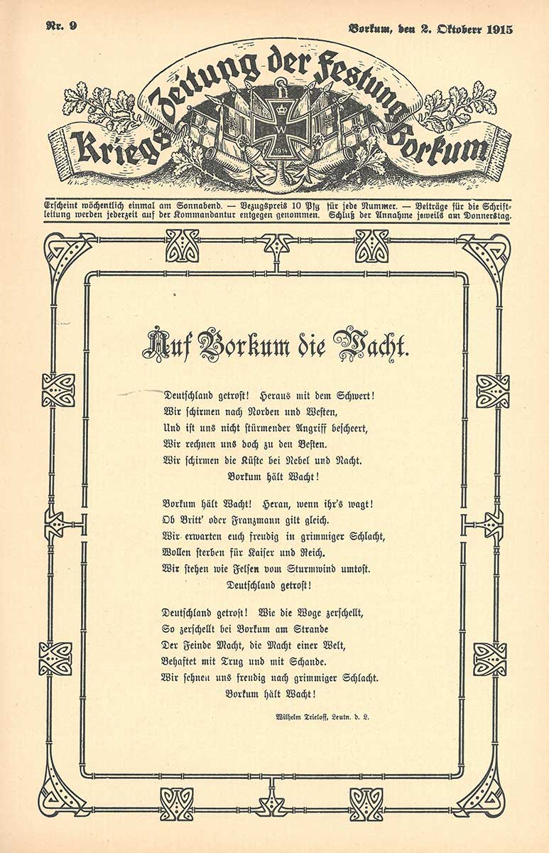 Abgebildet ist ein illustriertes Gedicht in einer Zeitung vom 2. Oktober 1915.