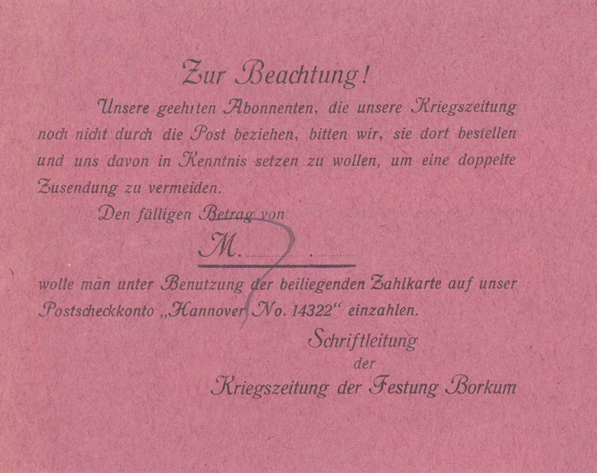 Mitteilung an die Abonnenten der Kriegszeitung der Festung Borkum.