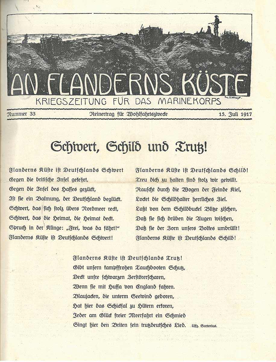 Zu sehen ist die Titelseite der Zeitung „An Flanderns Küste“ vom 15. Juli 1917. In der Kopfzeile ist eine Illustration zu erkennen, die Soldaten am Ufer zeigt.