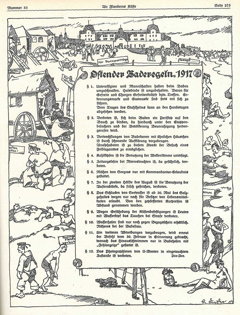 Zu sehen ist eine illustrierte Liste an Baderegeln für die flämische Küste aus dem Jahr 1917. Um das Textfeld, in dem die zwölf Regeln stehen, sind verschiedene Strandszenen dargestellt.