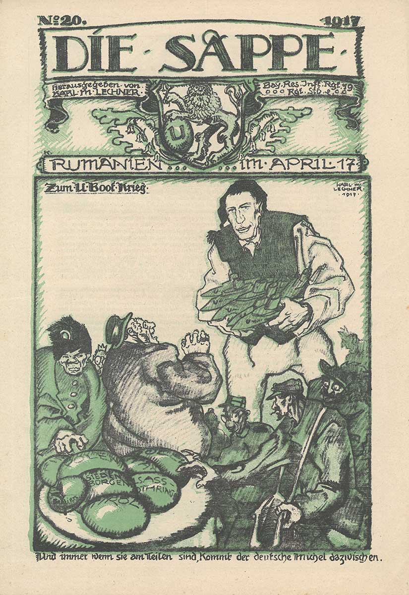 Die Zeichnung zeigt personifizierte Länder, die Steine aufteilen. Auf den Steinen stehen Ortsnamen. Im Hintergrund steht ein Mann, der sich zu der Gruppe lehnt und dabei fünf U-Boote in den Händen hält.