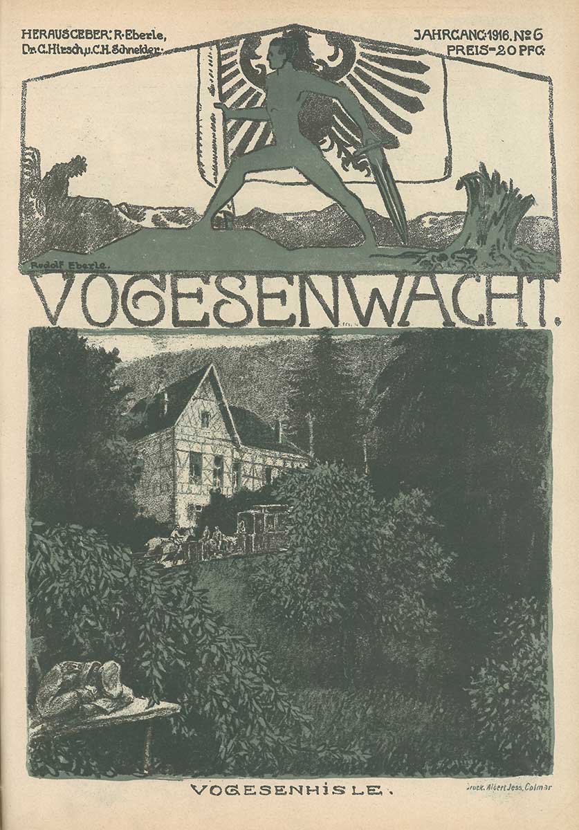 Zu sehen ist eine Zeichnung, die Soldaten vor einem Fachwerkhaus in den Vogesen zeigt.