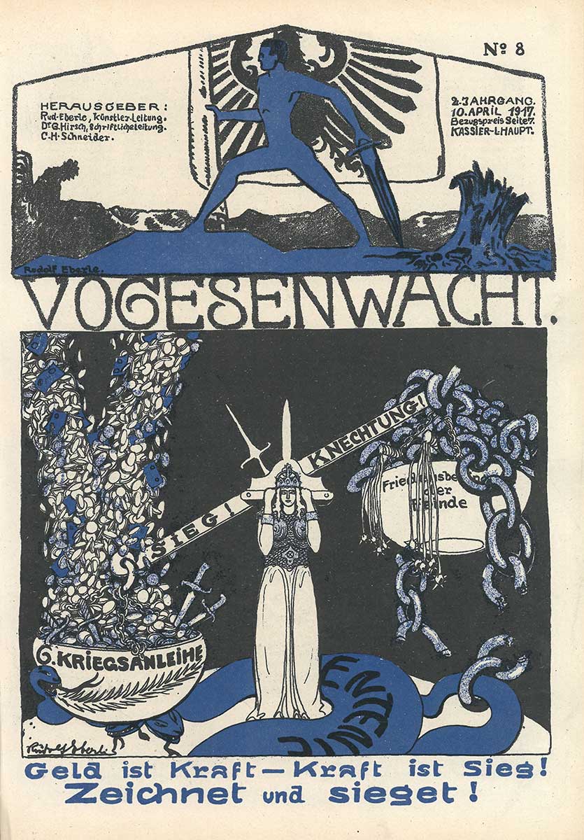 Zu erkennen ist eine Karikatur, bei der nur die Farben Schwarz, Weiß und Dunkelblau verwendet wurden. Sie zeigt eine Frau, die eine Wage auf dem Rücken trägt. Die schwere Seite der Wage ist voll mit Geld und Waffen, auf der Schale steht „6. Kriegsanleihe“. Die leichtere Seite ist mit Ketten gefüllt, auf der Schale steht „Friendesbe[…] der Feinde“. Die Schrift ist teilweise von den Kettengliedern bedeckt. Auf dem Boden schlängelt eine große, drei-köpfige Schlange.