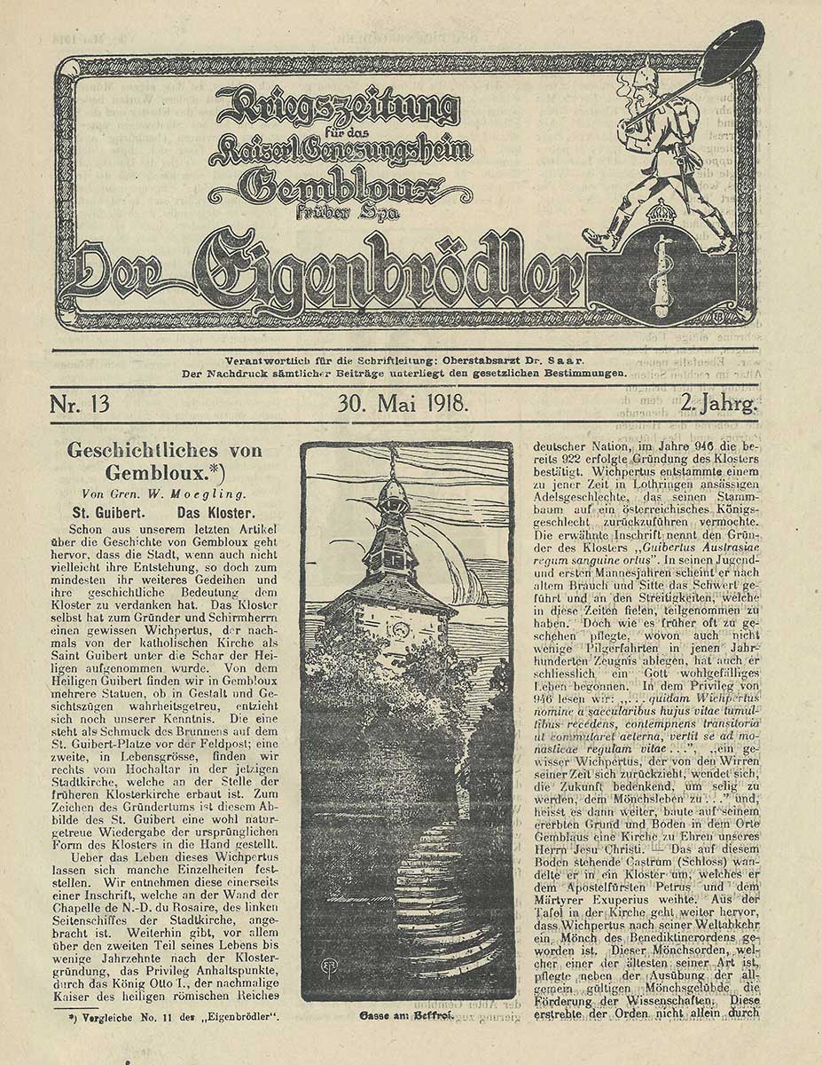 Zu sehen ist die Titelseite der Zeitung „Der Eigenbrödler“ vom 30. Mai 1918. 