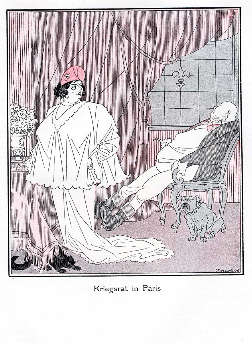 Zu sehen ist eine Karikatur des Kriegsrates in Paris. Frankreich wird als ältere, kräftige Dame dargestellt. England als dicker Mann, der in einem Stuhl schläft. Zu seinen Füßen sitzt eine englische Bulldogge. 
