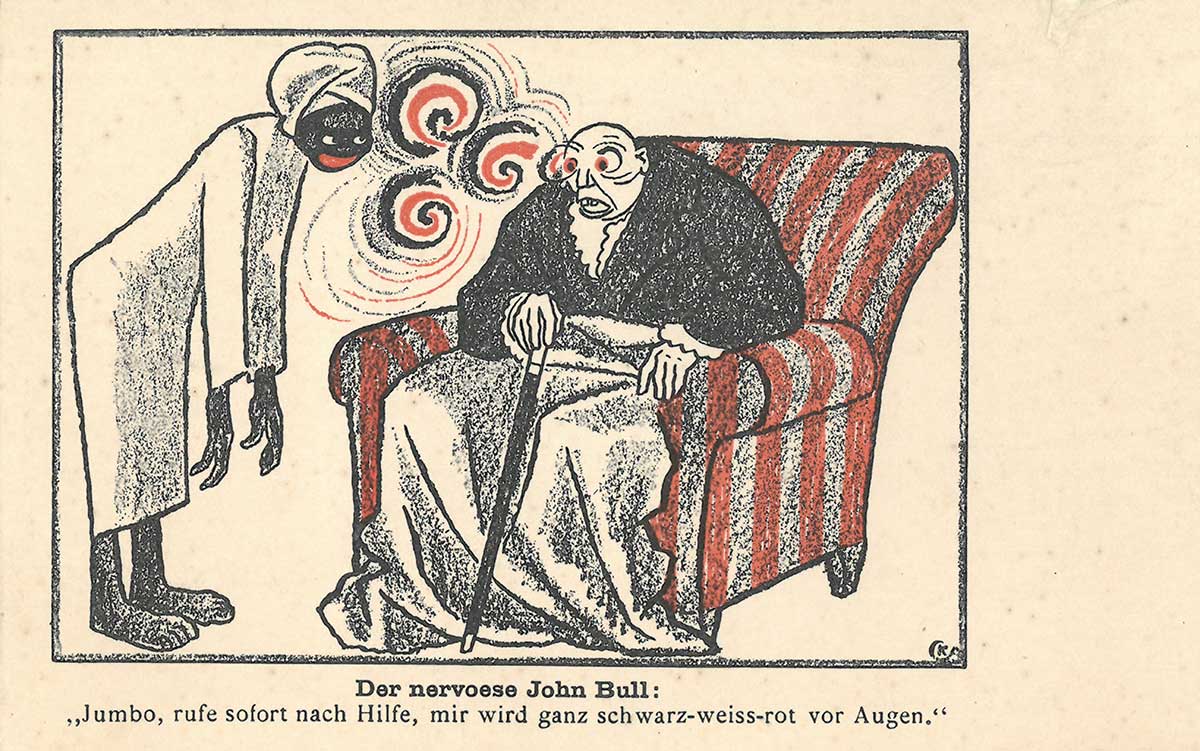 Karikatur, die einen älteren, dicken Mann als Personifikation des Vereinigten Königreichs zeigt. Vor seinen Augen sind schwarz-weiss-rote Spiralen. 