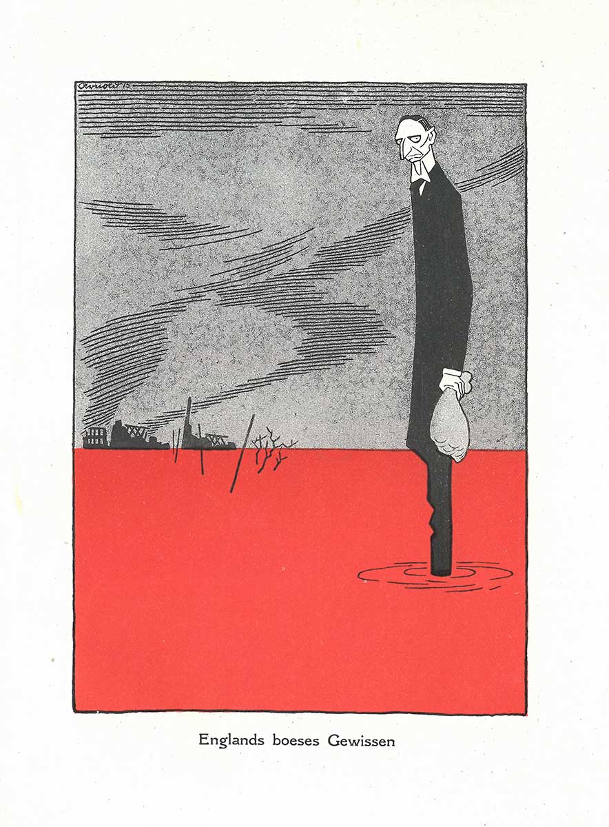Zu sehen ist eine Karikatur, die Englands böses Gewissen darstellen soll. Dargestellt ist dieses als großer, dünner Mann in schwarz gekleidet, der bis zu den Schienenbeinen in Blut steht. In seiner Hand hält er einen Sack.