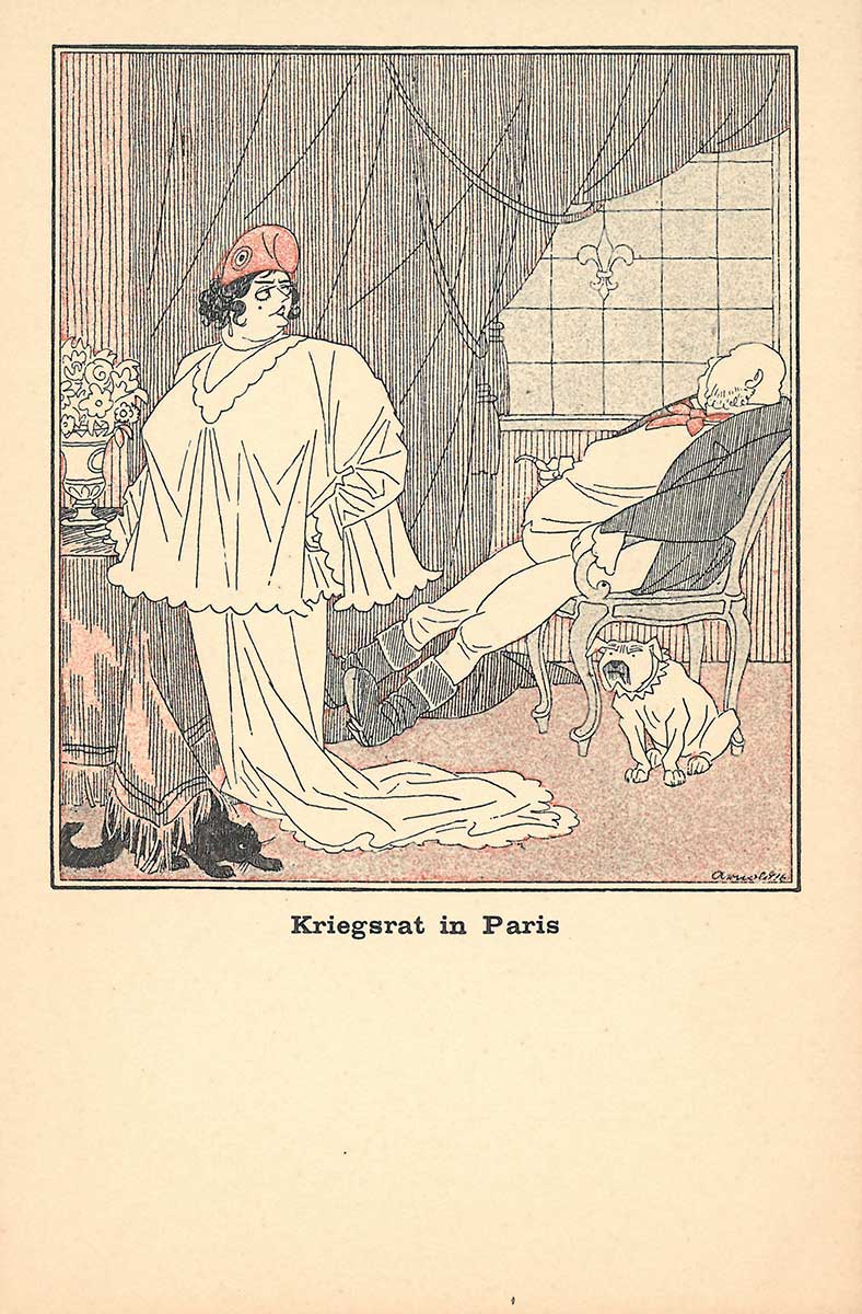 Zu sehen ist eine Karikatur des Kriegsrates in Paris. Frankreich wird als ältere, kräftige Dame dargestellt. England als dicker Mann, der in einem Stuhl schläft. Zu seinen Füßen sitzt eine englische Bulldogge. 