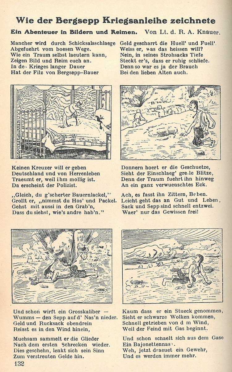 Mehrere Karikatur-ähnliche Zeichnungen zu Reimen, die die Kriegsanleihe thematisieren.