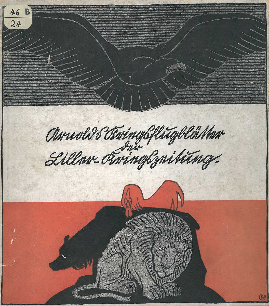 Cover der ausgewählten Kriegsflugblätter von Karl Arnold für die Liller-Kriegszeitung. Der Hintergrund ist schwarz, weiß, rot. Oben fliegt ein Adler, unten kauern ein Bär, ein Hahn und ein Löwe. 