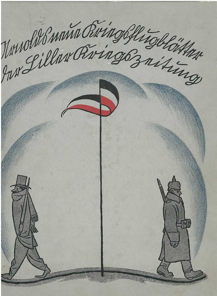 Zu sehen ist ein Kriegsflugblatt. Auf diesem sind zwei Männer abgebildet, die sich von einem Flaggenmast entfernen, an dem die schwarz-weiss-rote Flagge gehisst ist. Auf der einen Seite ist es ein bürgerlicher Mann, auf der anderen handelt es sich um einen Soldaten.