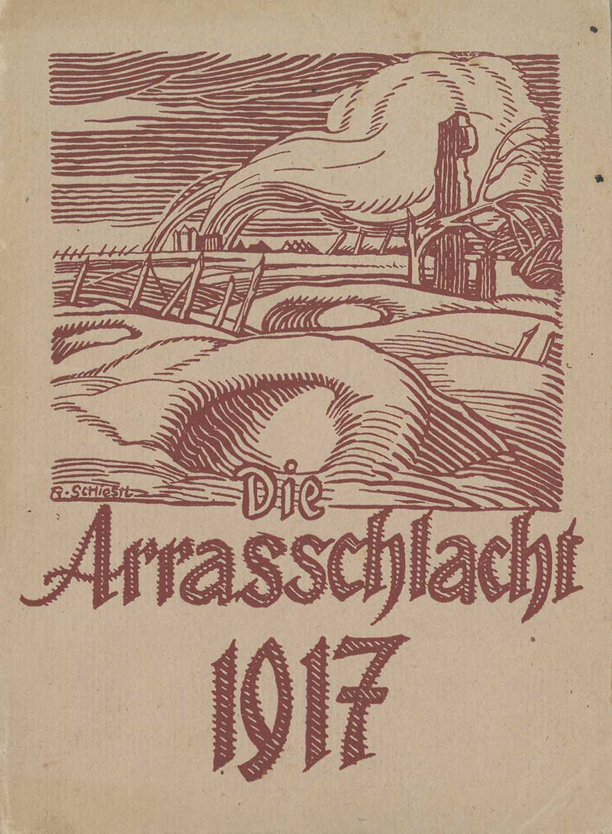 Cover der Sammelpublikation „Die Arrasschlacht 1917“. Verziert wird es von einem Druck, der einen Graben zeigt.